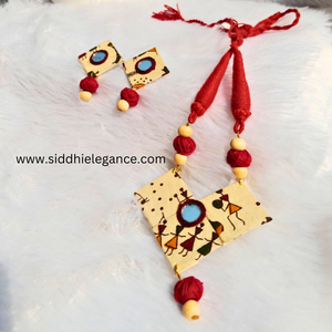 Warli pendant red cotton bead necklace