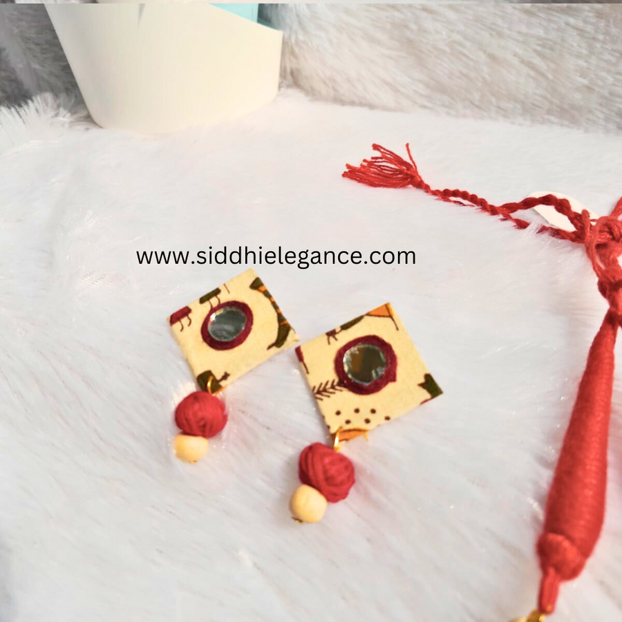 Warli pendant red cotton bead necklace